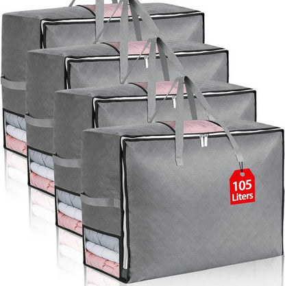 4 Pack Skiennix Extra Large Comforter Storage Bags - Foldable Bedding Organizers with 3 Clear Windows, Grey