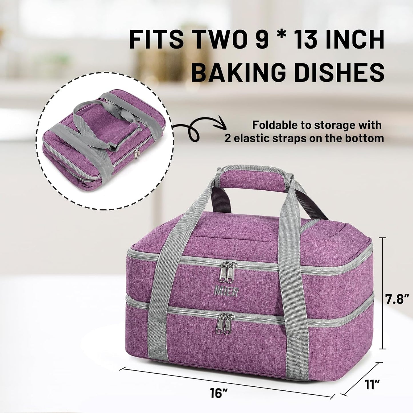 MIER Insulated Casserole Carrier - Thermal Holder for 9"x13" Dishes | Perfect for Potlucks & Picnics - Purple