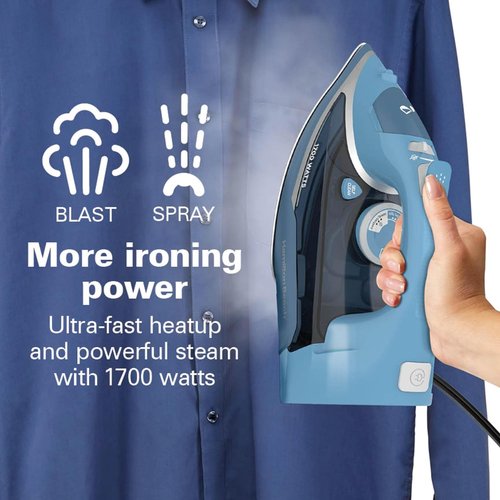 Hamilton Beach Steam Iron - 1700W Garment Steamer with Stainless Steel Soleplate & 8' Cord - Blue
