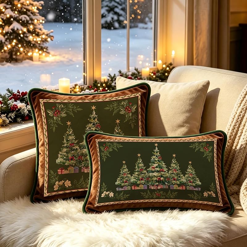 Green Christmas Tree Pillow Cover 20x20 — Velvet Throw Pillow Case, Hidden Zipper, 100% Plush Polyester, Floral Variation