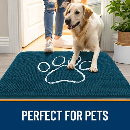 OLANLY Dog Door Mat for Muddy Paws 70x46, Paw Print Design, Absorbs Moisture and Dirt, Absorbent Non-Slip Washable Doormat, Quick Dry Chenille Mud Mat, Entry Indoor Entryway Carpet, Atlantic Blue