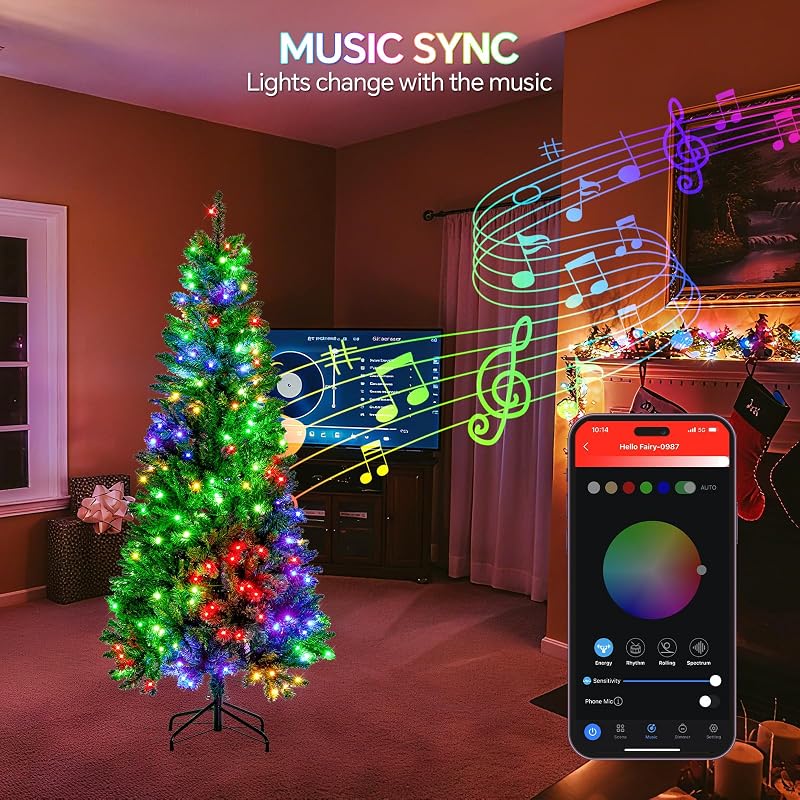 FANCILLUMA 6 ft Prelit Christmas Tree with 250 LED RGB Lights, App Remote Control, Green PVC Branches