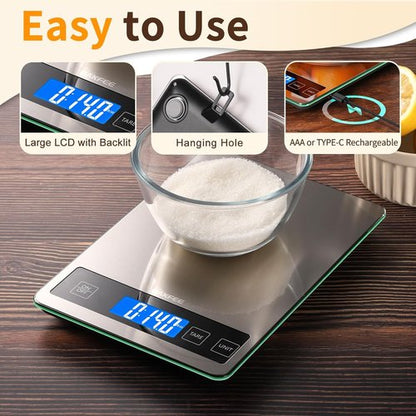 Digital Kitchen Scale by [Brand Name] - 33lb Stainless Steel & Tempered Glass, USB Rechargeable, Precise 1g Weighing