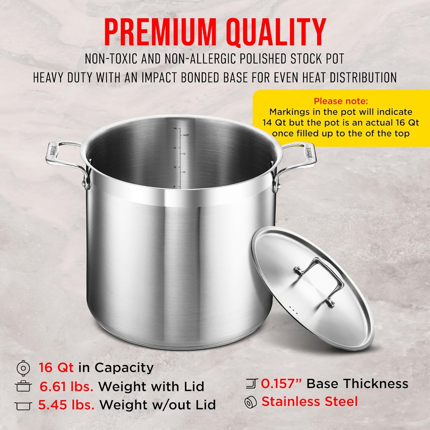 Stainless Steel Stockpot - 16 Quart Durable 18/8 Steel with Impact-Bonded Base & Riveted Handles