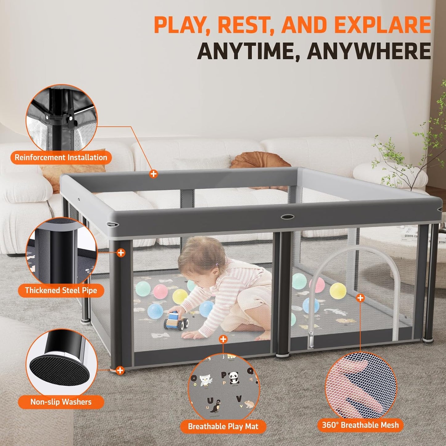 Skiennix Foldable Baby Playpen - 50" x 50" Collapsible Playard for Indoor & Outdoor Use | Portable with Mat & 30 Ocean Balls