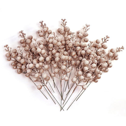 Rose Gold 16-Piece Glitter Berry Stems 8-Inch Frosted Christmas Picks for Wreaths, Ornaments & Decor - Variation Rose Gold