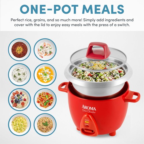 Aroma Housewares 6-Cup Stainless Rice Cooker & Warmer - Uncoated Inner Pot, Red | Model ARC-753SGR
