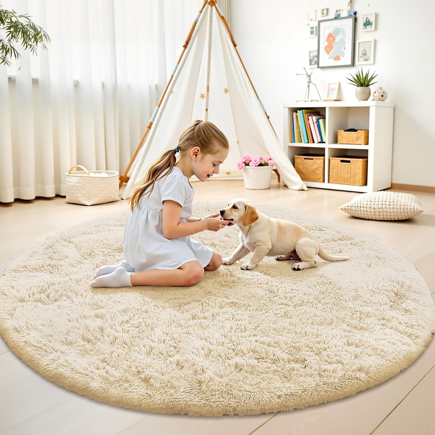 OLANLY Cream Round Area Rug - Soft, Fluffy, Machine Washable 8 ft Circle Carpet for Bedroom & Living Room
