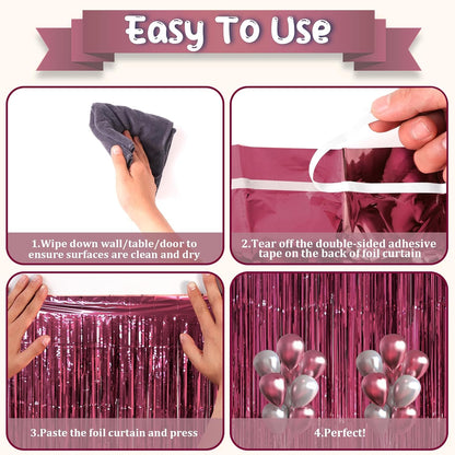 Voircoloria Foil Fringe Backdrop Curtains - 3 Pack Burgundy Tinsel Streamers for Parties | 3.3 x 8.2 ft