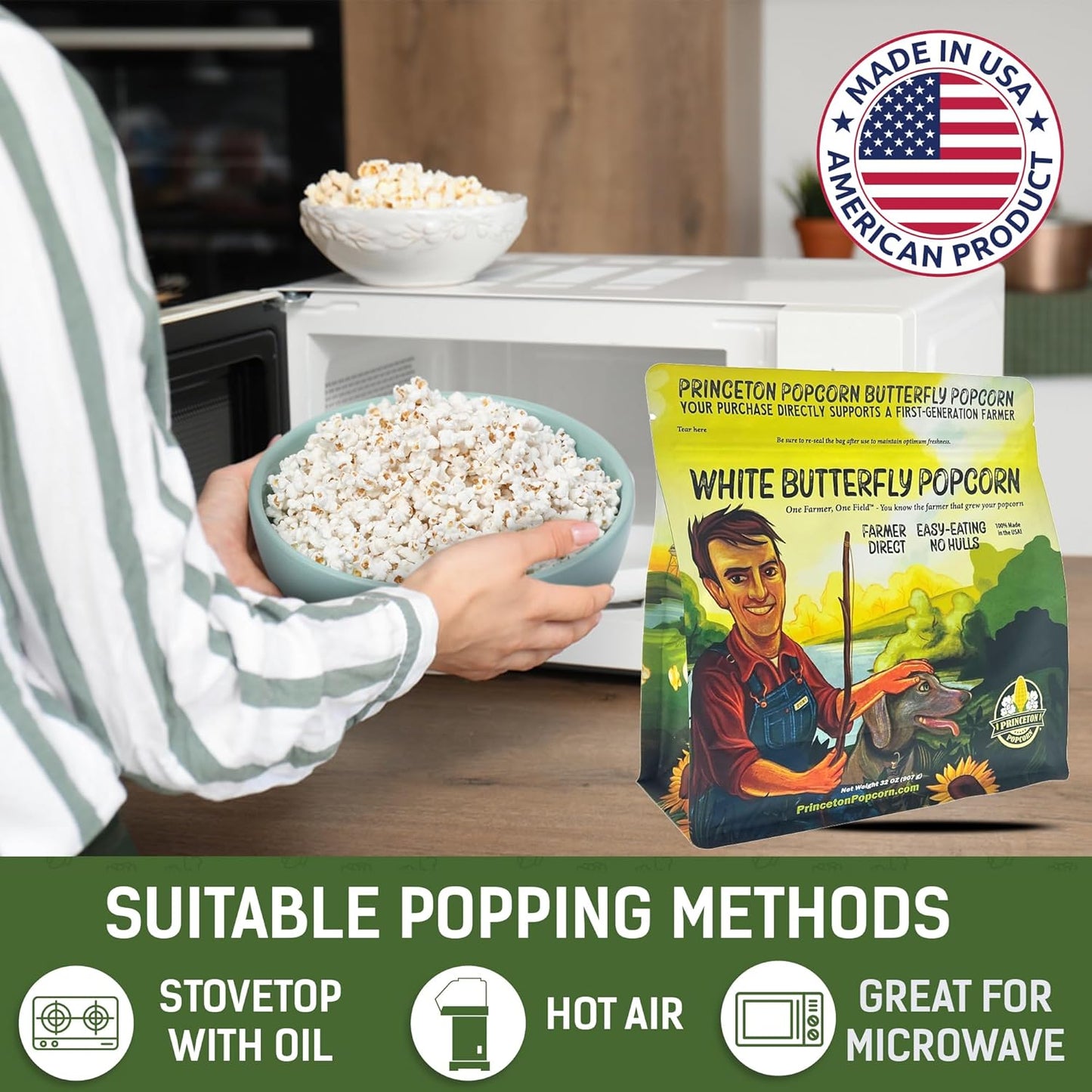 Princeton Farmer Bob's Baby White Popcorn Kernels - Tender Hulless 2lb Bag | Fresh, Delicious Flavor for Oil, Microwave, or Air Popper