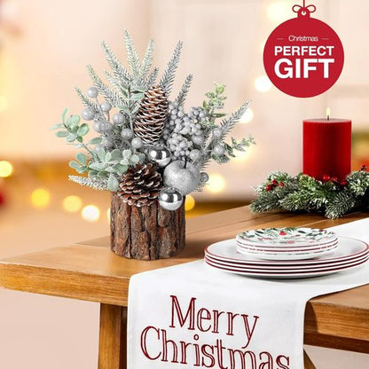 Hatisan Small Christmas Tree - Artificial Pine Cone & Berry Decor | Tabletop Holiday Decoration (Silver-Round)