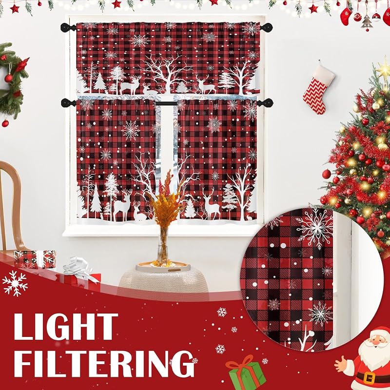 Christmas Kitchen Curtains Tier Set - Red Plaid, 3 Pieces (Valance + 2 Panels) - Variation: Christmas Red Plaid