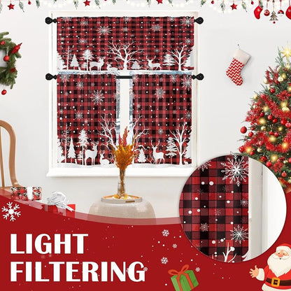 Christmas Kitchen Curtains Tier Set - Red Plaid, 3 Pieces (Valance + 2 Panels) - Variation: Christmas Red Plaid