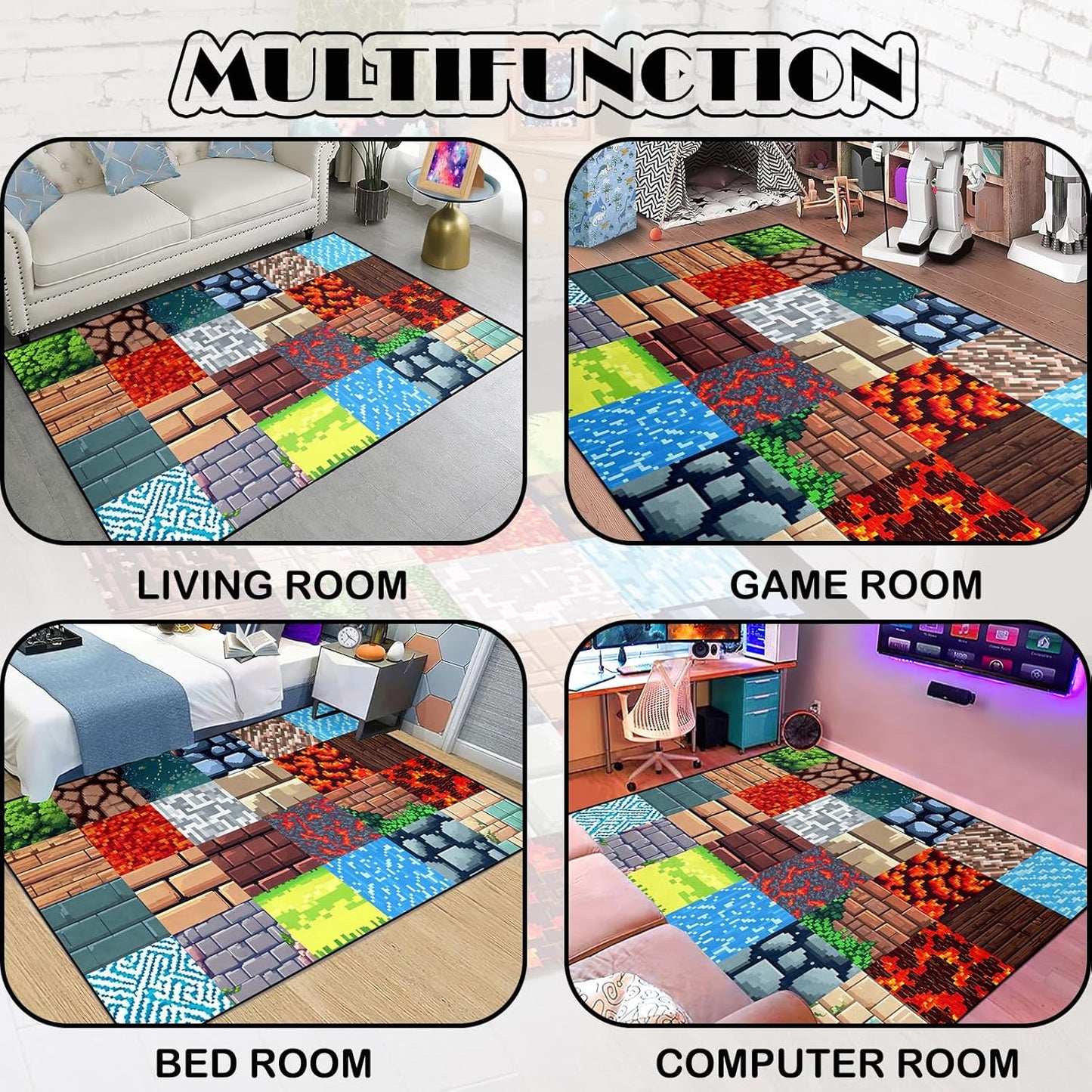 Skiennix Game Room Rug - Block Theme Carpet for Boys' Bedroom | 2'5" x 4' Gaming Floor Mat