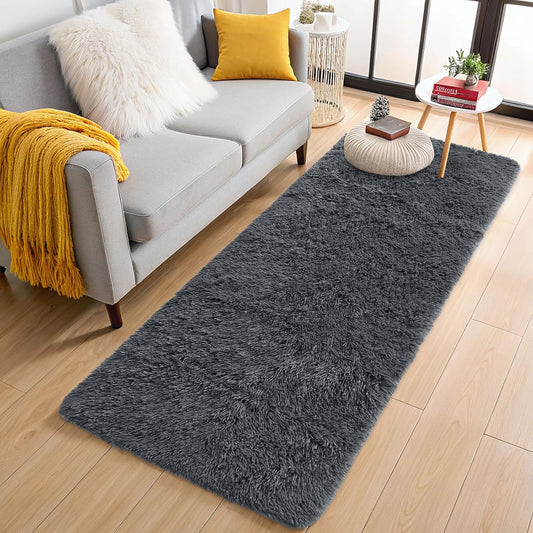 OLANLY 2x8 Machine Washable Runner Rug - Soft Fluffy Shaggy Design for Bedroom & Hallway | Grey