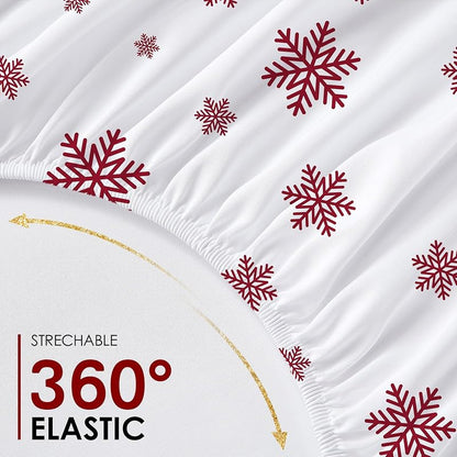 Snowflake Full Fitted Sheet Set with Pillowcases - 16" Deep Pocket, Double Brushed Microfiber