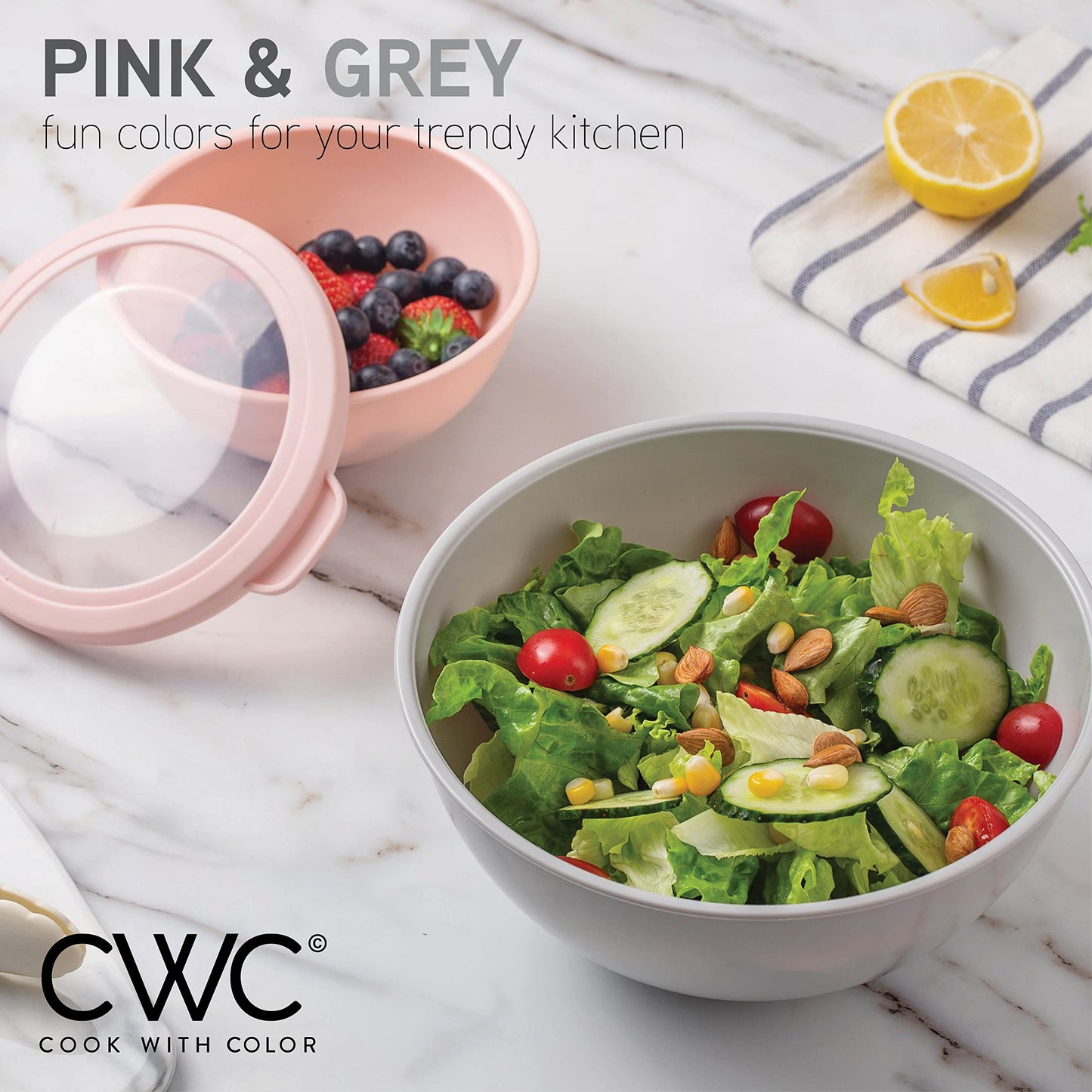 COOK WITH COLOR Mixing Bowls with TPR Lids - 12 Piece Plastic Nesting Bowls Set includes 6 Prep Bowls and 6 Lids, Microwave Safe Mixing Bowl Set (Pink Ombre)