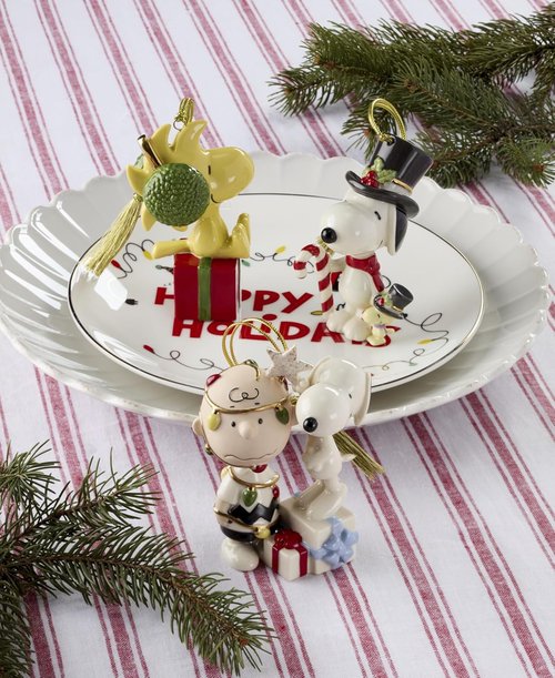 Lenox Snoopy & Woodstock Ornament - Porcelain Candy Cane Design with Gold Cord | Christmas Decor