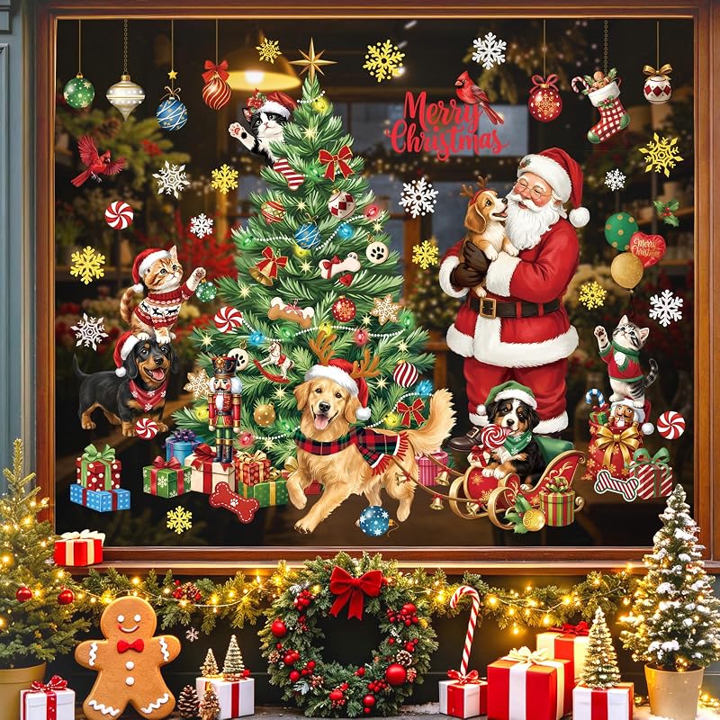 Christmas Window Clings for Pets – Santa Dogs & Cats, Non-Adhesive Double-Sided, 2 Sheets