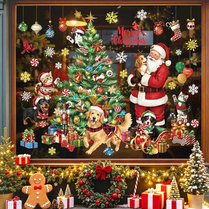 Christmas Window Clings for Pets – Santa Dogs & Cats, Non-Adhesive Double-Sided, 2 Sheets