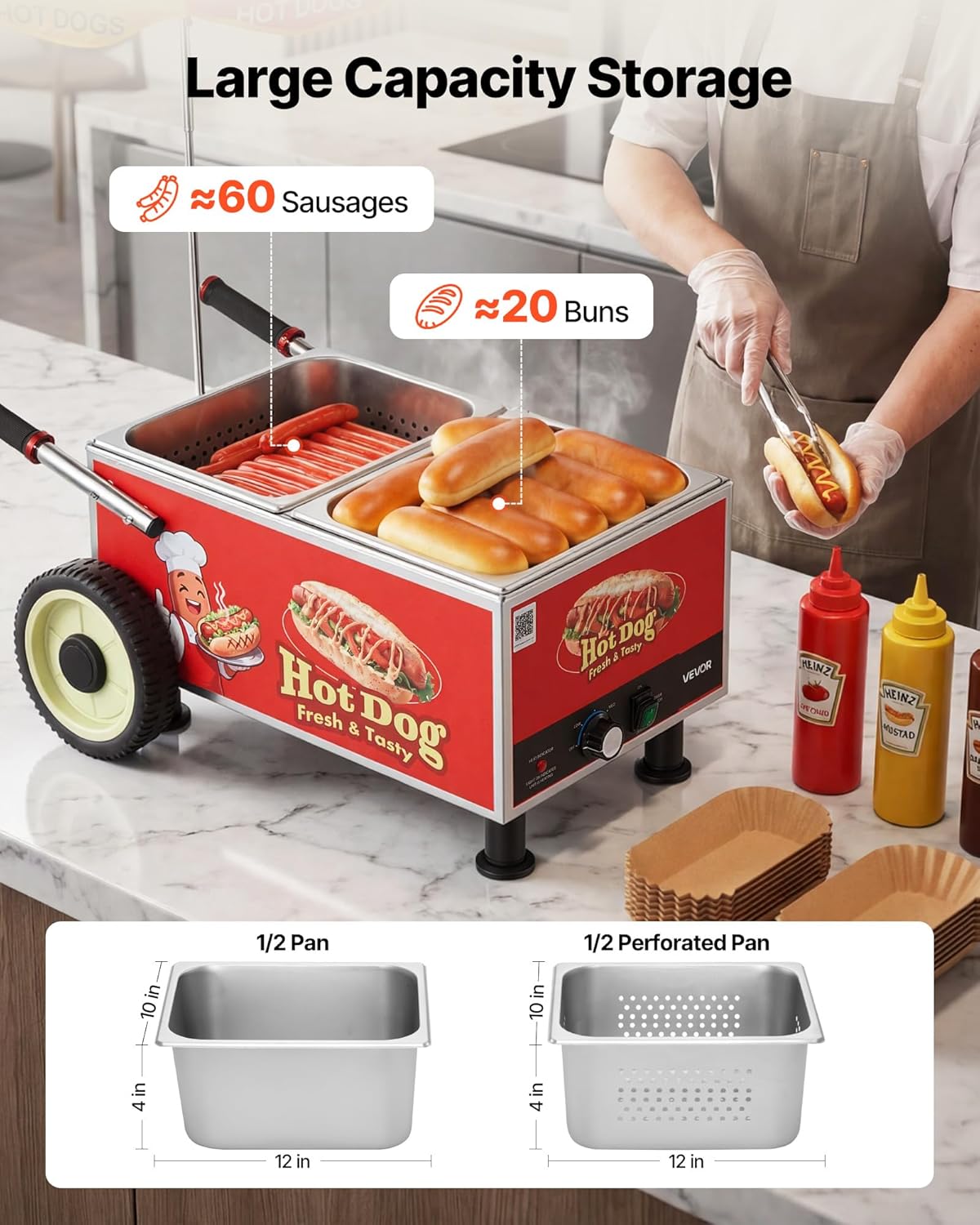 VEVOR Hot Dog Steamer Cart - 1200W Electric Stainless Steel Machine with Adjustable Temp & Portable Design