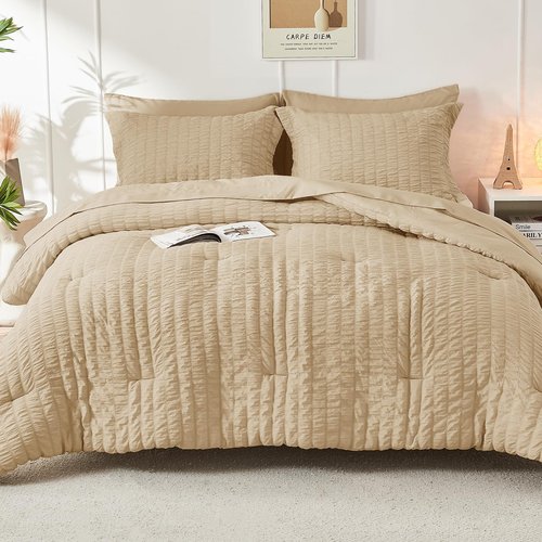 HYMOKEGE Khaki Twin XL Comforter Set Seersucker 5 Pieces, All Season Luxury Bed in a Bag for Bedroom, Bedding Set with Comforter, Sheets, Pillowcase & Sham