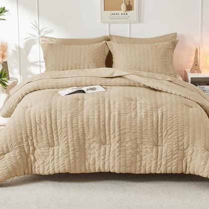 HYMOKEGE Khaki Twin XL Comforter Set Seersucker 5 Pieces, All Season Luxury Bed in a Bag for Bedroom, Bedding Set with Comforter, Sheets, Pillowcase & Sham
