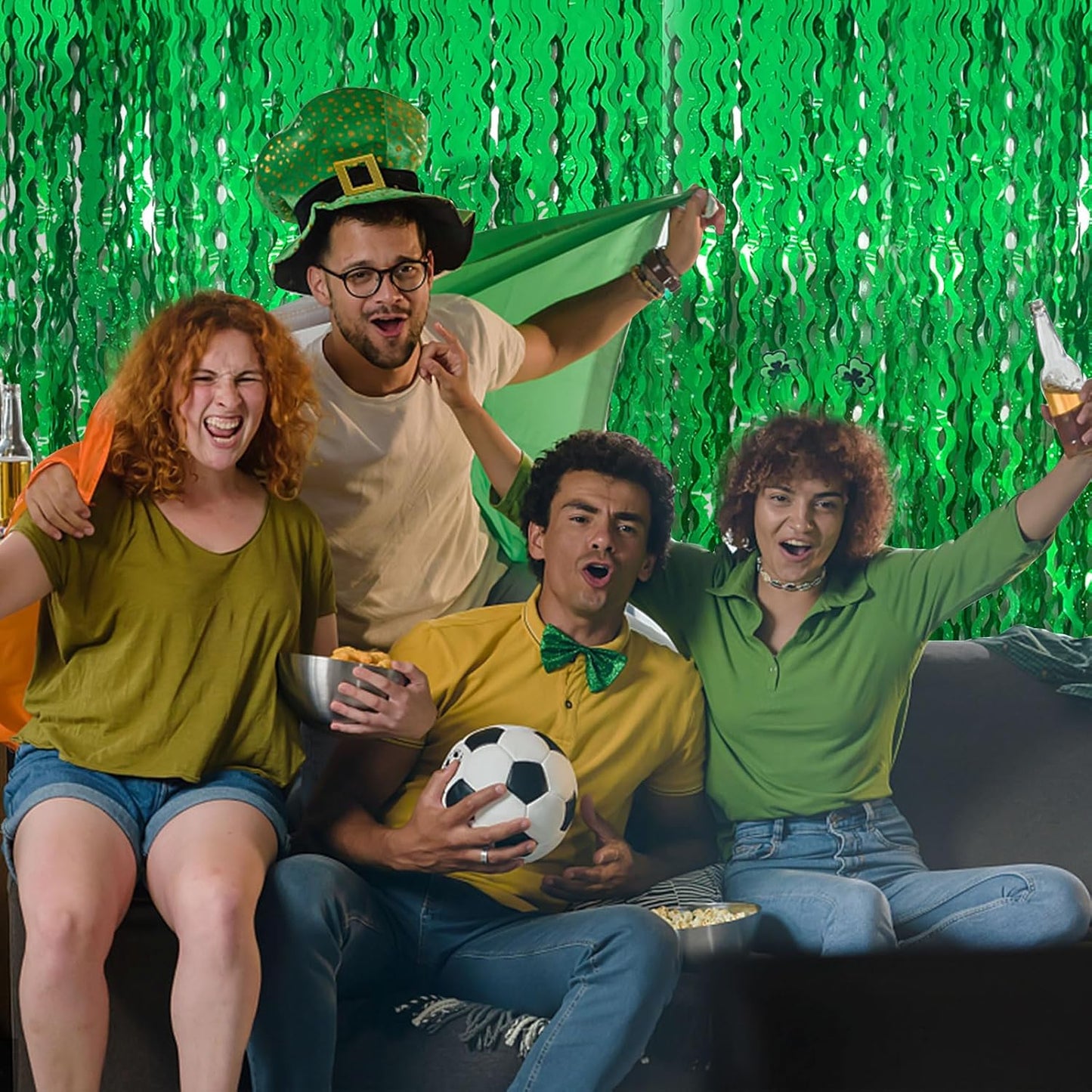 Skiennix Green Tinsel Foil Fringe Curtains - Metallic Wavy Backdrop for Party & Photo Booth Decor