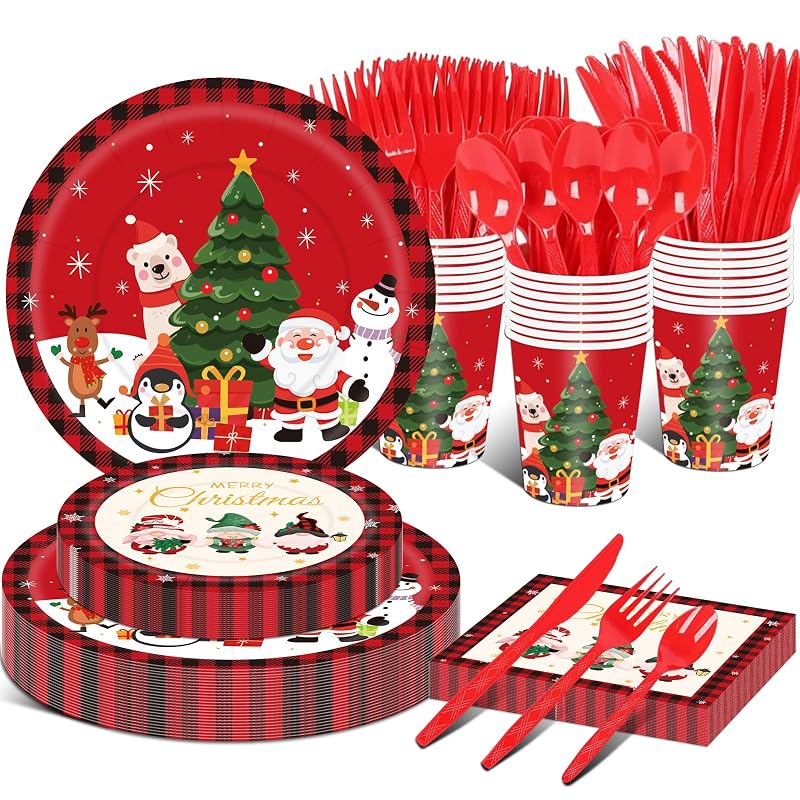 175Pcs Christmas Disposable Dinnerware Set – 25 Plates 9" & 7", Cups, Napkins & Cutlery, Red Holiday party supplies