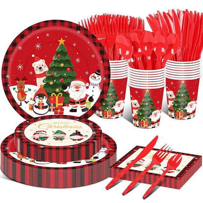 175Pcs Christmas Disposable Dinnerware Set – 25 Plates 9" & 7", Cups, Napkins & Cutlery, Red Holiday party supplies