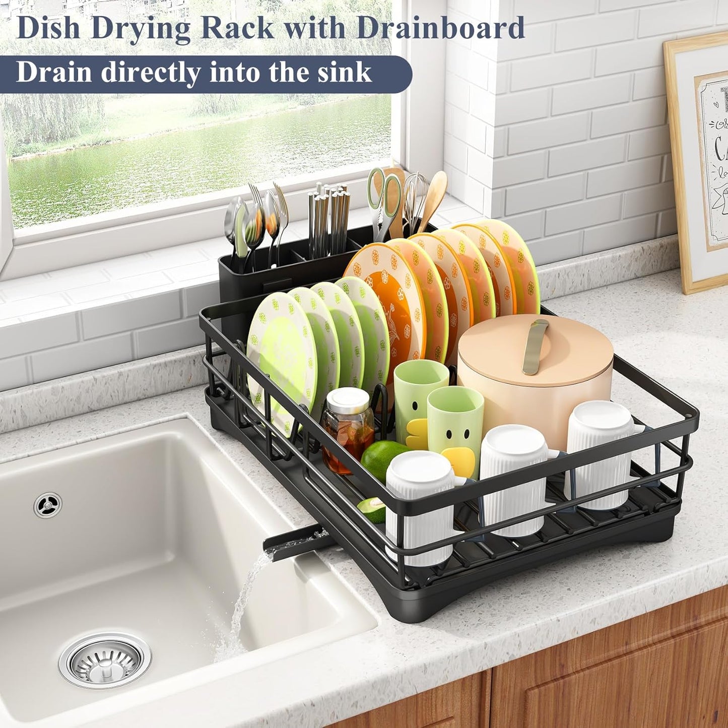 SAYZH Dish Drying Rack - Large-Capacity Rust Resistant Kitchen Drainer with Drainboard & Rotating Spout | Black