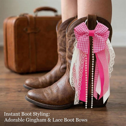 Skiennix Holiday Bow Ribbons - Festive Birthday Accessory Decor | 2 Pink Plaid Cowboy Boot Charms