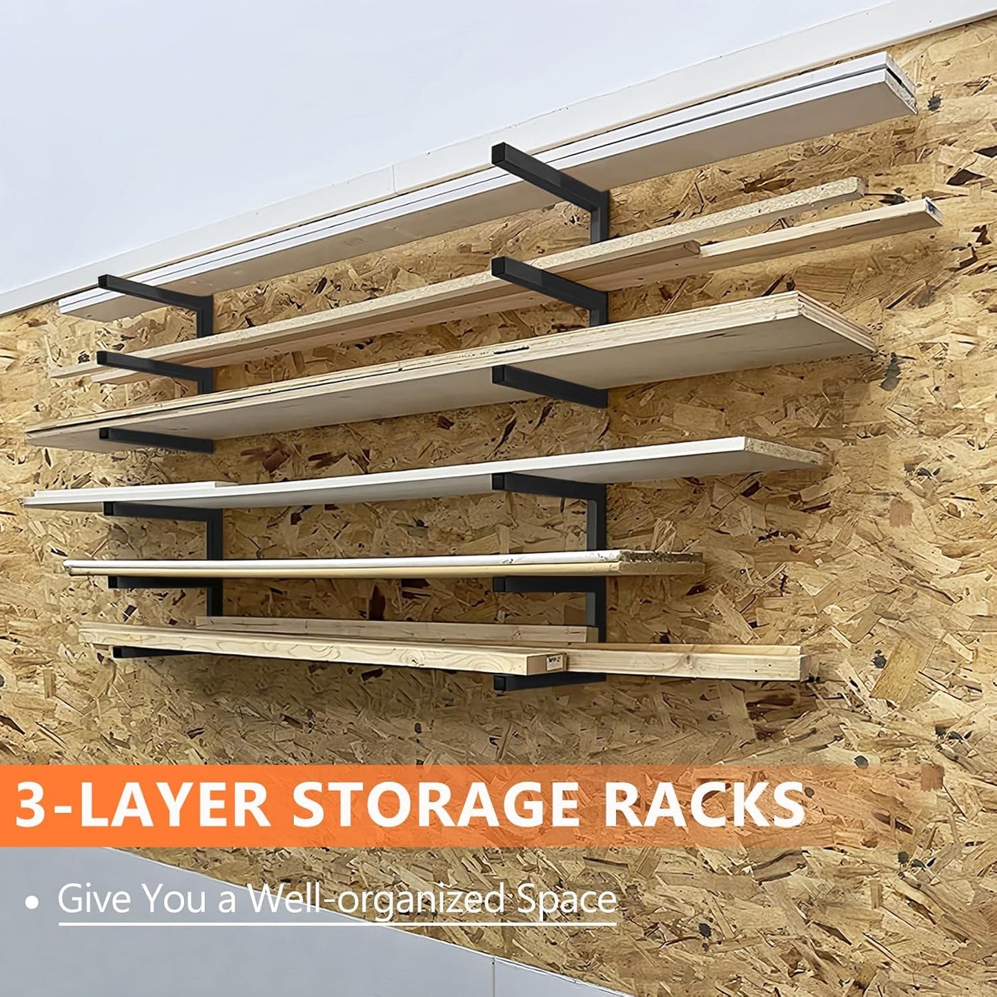 Wood Storage Racks - 3-Tier Wall-Mounted Organizer for Garage & Workshop | Black (4 Pack)