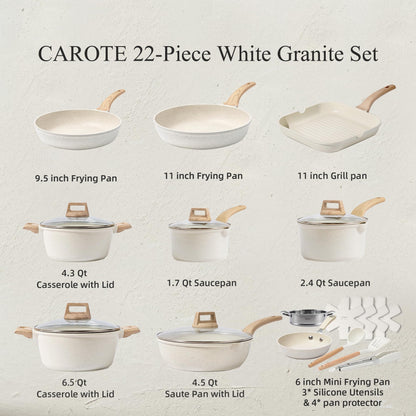 CAROTE 22pcs Pots and Pans Set Nonstick, Cookware Set White Granite Induction Kitchen Cooking Set w/Frying Pans & Saucepans& Grill Pan(PFOS, PFOA Free)