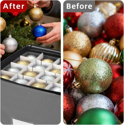 Inin Christmas Ornament Storage Box - Adjustable Dividers & Zippered Top | Holds 64 Balls, Gray with Tray