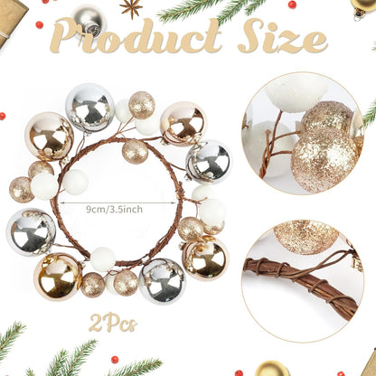 Regine Switzerland Christmas Ball Candle Rings - Glitter Gold & Silver | 3.2 Inch Pillar Candle Holders for Rustic Winter Decor