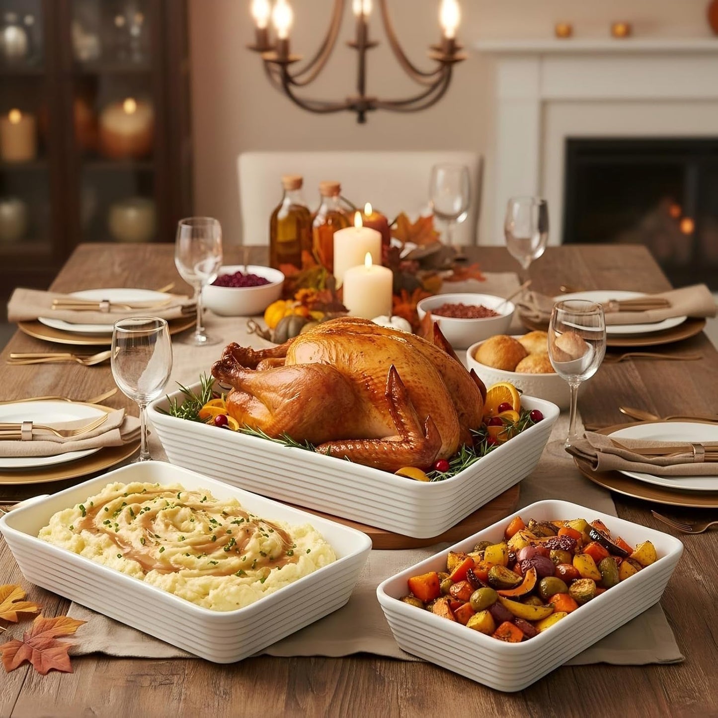 ONEMORE Baking Dishes Set - Large 9x13 Rectangular Ceramic Casserole Dishes with Roasting Racks | 3QT, 2.1QT, 1.3QT