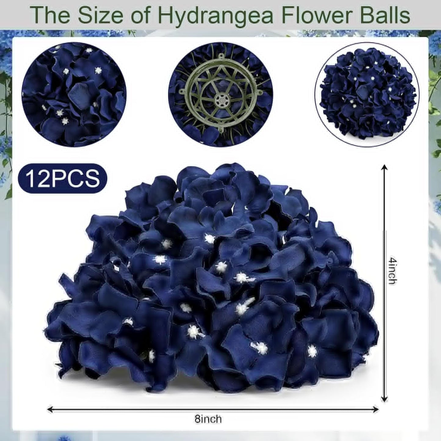 Hydrangea Flower Balls - 12 PCS Artificial Floral Arrangements | 8.27 Inch Silk Kissing Balls for Wedding & Home Decor - Navy Blue