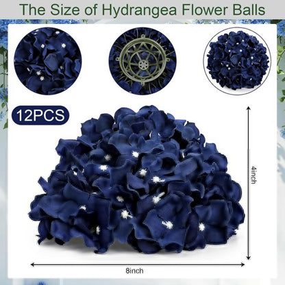 Hydrangea Flower Balls - 12 PCS Artificial Floral Arrangements | 8.27 Inch Silk Kissing Balls for Wedding & Home Decor - Navy Blue