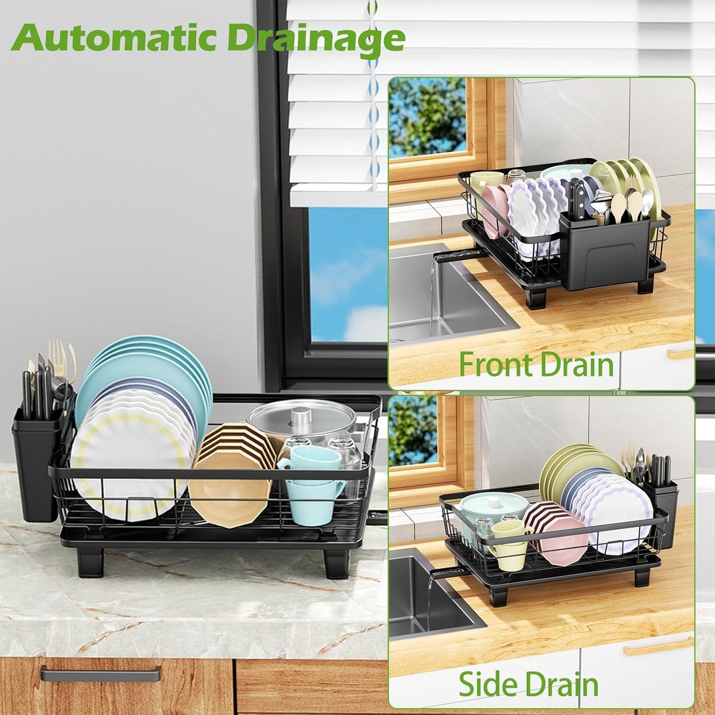 Small Dish Drying Rack by [Brand Name] - Space-Saving Kitchen Organizer with Cutlery Holder | 11''W x 15''L, Black