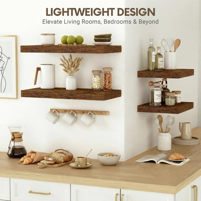 Vivelove 10-Inch Deep Floating Shelves - Rustic Brown Wall Decor | Set of 2 with Invisible Brackets
