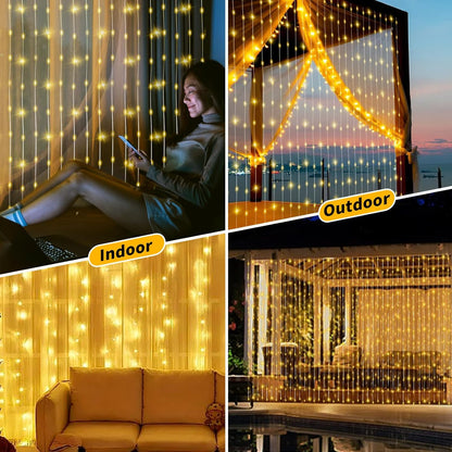 Skiennix Solar Curtain Lights - Waterproof 300 LED Twinkle Fairy String Lights | 10x10 Ft with Remote & 8 Modes for Outdoor Parties & Weddings