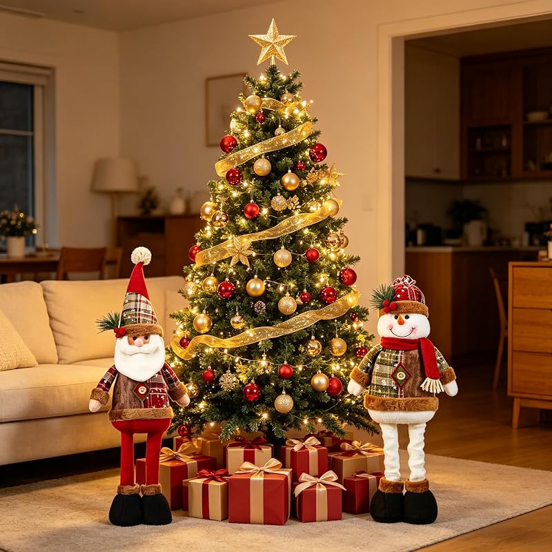 Christmas Extendable Santa & Snowman Plush Set - Standing Holiday Table Decor