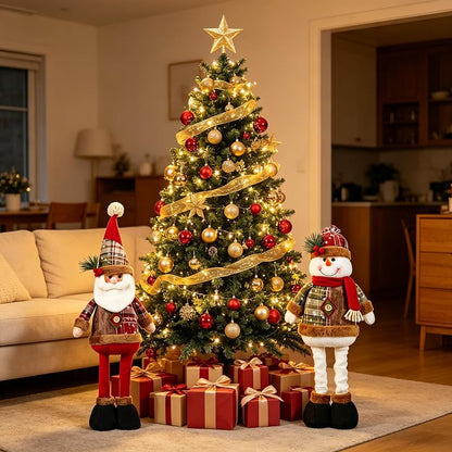 Christmas Extendable Santa & Snowman Plush Set - Standing Holiday Table Decor