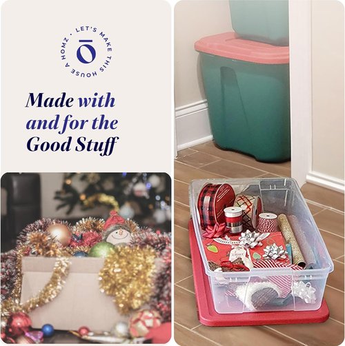 HOMZ Holiday Tote Bins - Clear Plastic Storage Organizers with Lids, 41 Quart, Red | Stackable for Christmas Decor & Crafts