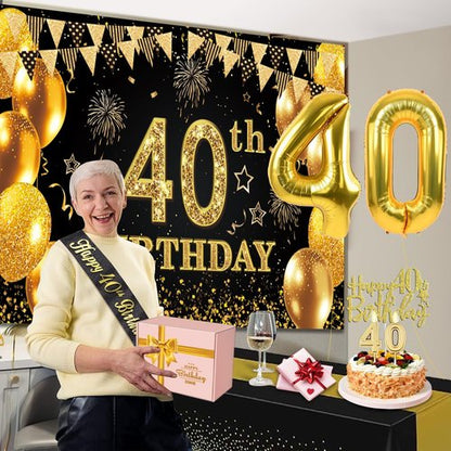 40th Birthday Decorations - Black and Gold Banner, Table Cloth, Balloons, Sash & Cake Topper