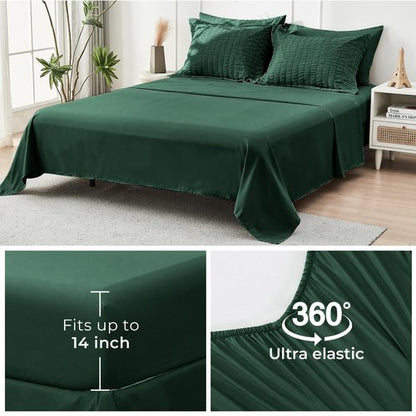 HYMOKEGE Emerald Green King Size Comforter Set Seersucker 7 Pieces, All Season Luxury Bed in a Bag for Bedroom, Bedding Set with Comforter, Sheets, Pillowcases & Shams