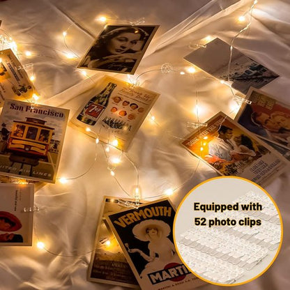 HXWEIYE 50LED Photo String Lights - Warm White 16.4Ft Battery-Powered Fairy Lights with Clips & Hooks for Pictures