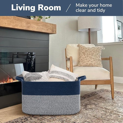 Goodpick Large Woven Blanket Basket - Decorative Cotton Rope Storage for Living Room | 22" x 17" x 12" | Mixed Blue