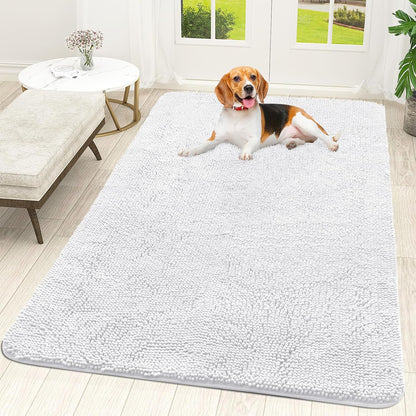 OLANLY Dog Door Mat - Absorbent Non-Slip Washable Doormat for Muddy Paws | 59x35 Inches, Quick Dry Chenille, White